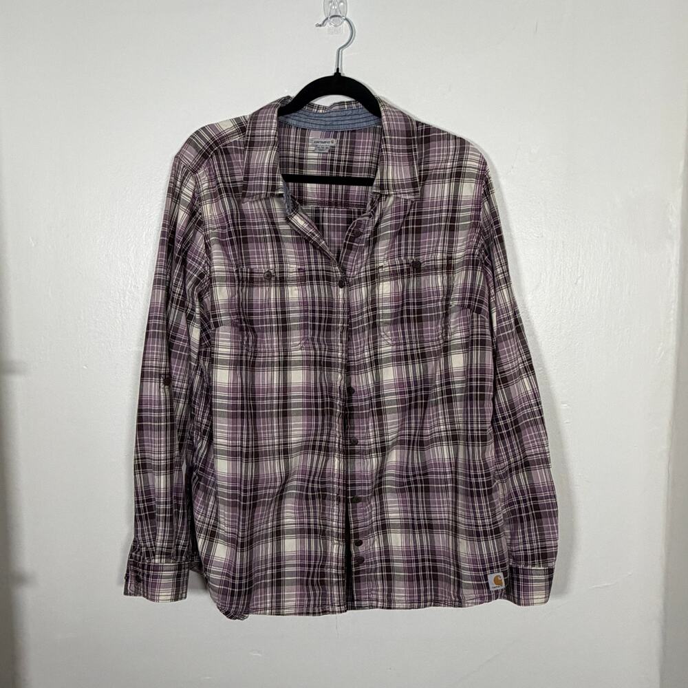 Carhartt Women’s XL Purple Plaid Long Sleeve Button Down Shirt 100% Cotton